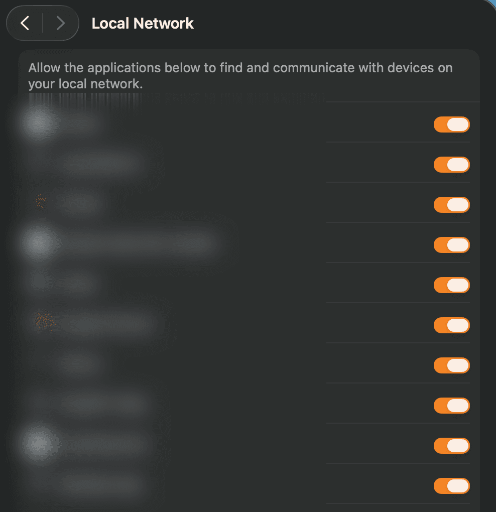 macOS System Settings, Privacy and Security, Local Network, showing the per-app permission list with enabled toggles; the app names and icons are blurred for privacy.
