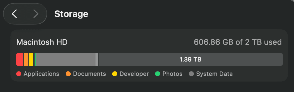 macOS System Settings, General, Storage showing the Macintosh HD capacity bar at 606.86 GB of 2 TB used, with the legend Applications, Documents, Developer, Photos, and System Data.