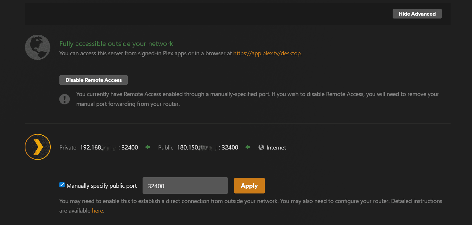 Plex Web > Settings > Remote Access page showing 'Fully accessible outside your network' status, the private/public IP and port (masked), and the Manually specify public port toggle.