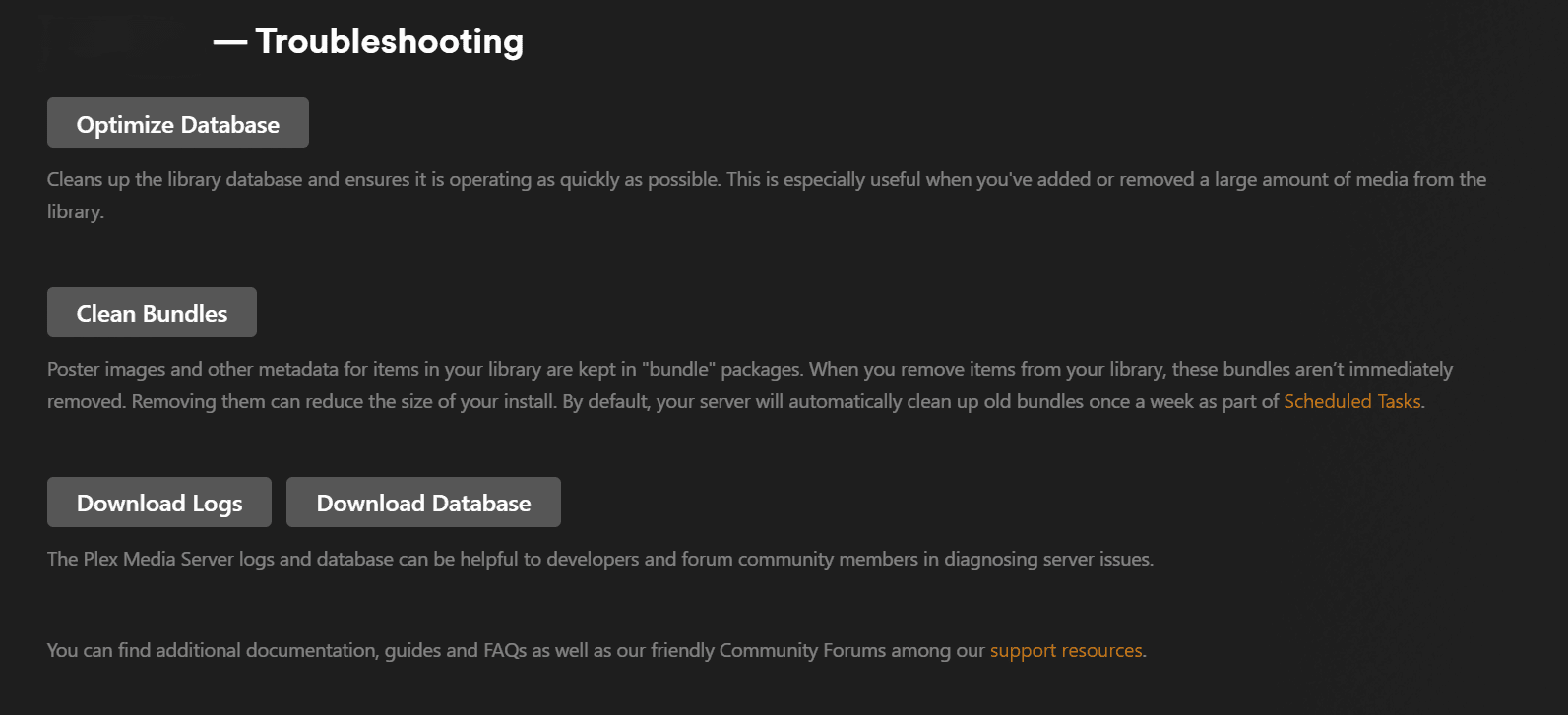 Plex Web > Settings > Server > Help > Troubleshooting section showing Optimize Database, Clean Bundles, Download Logs, and Download Database buttons.