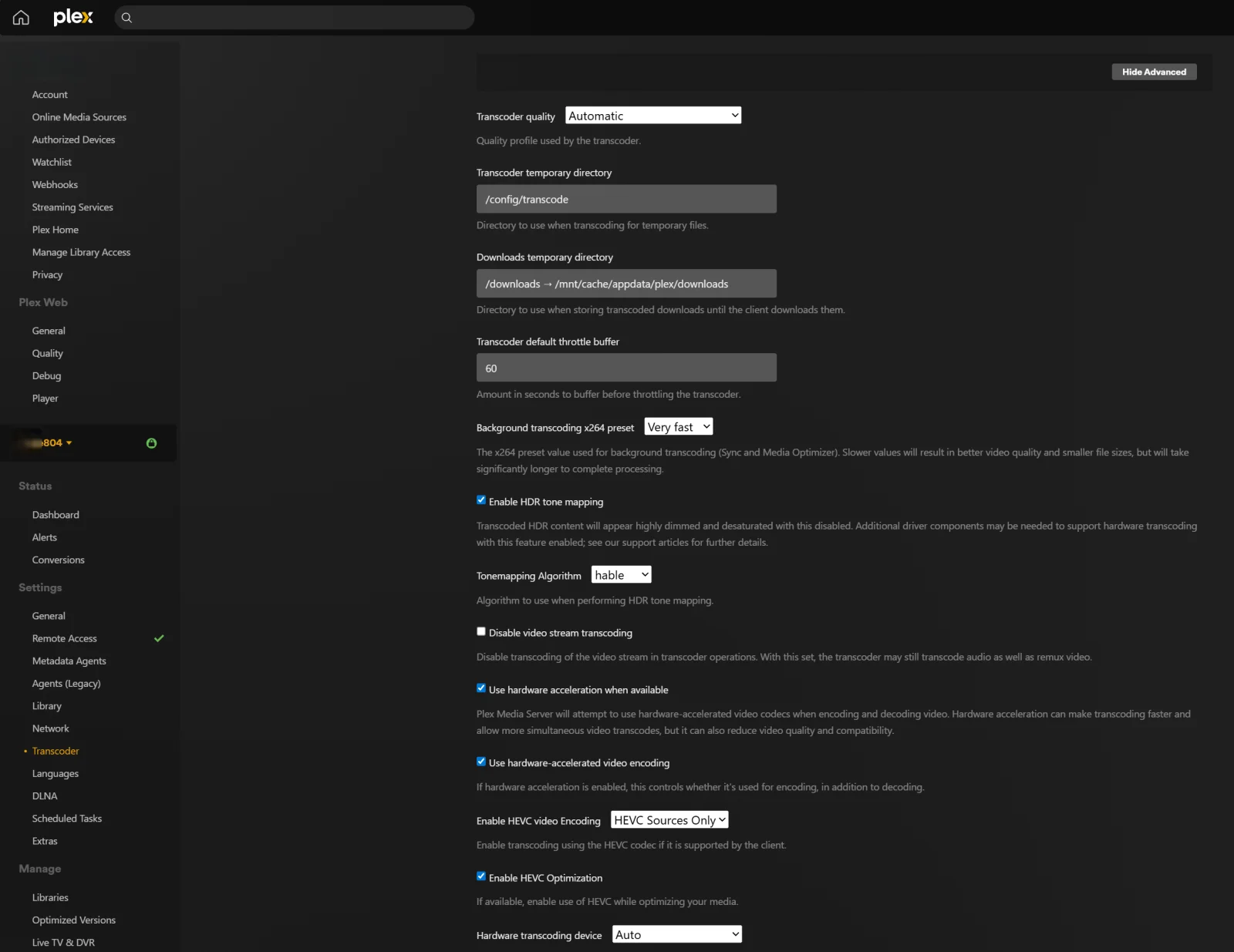 Plex Web admin Settings → Transcoder pane with both 'Use hardware acceleration when available' and 'Use hardware-accelerated video encoding' checkboxes ticked. 'Enable HDR tone mapping' is on with Tonemapping Algorithm set to hable. 'Enable HEVC video transcoding' is set to 'HEVC Sources Only'. 'Hardware transcoding device' is set to Auto.