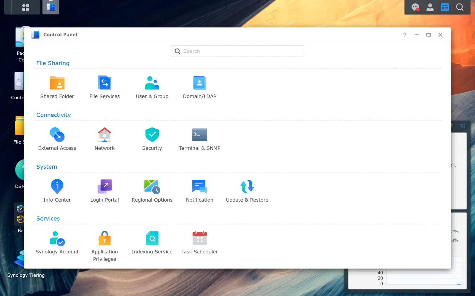 Synology DSM 7.3 Control Panel main window with File Sharing (Shared Folder, File Services, User & Group, Domain/LDAP), Connectivity (External Access, Network, Security, Terminal & SNMP), System (Info Center, Login Portal, Regional Options, Notification, Update & Restore), and Services panels.