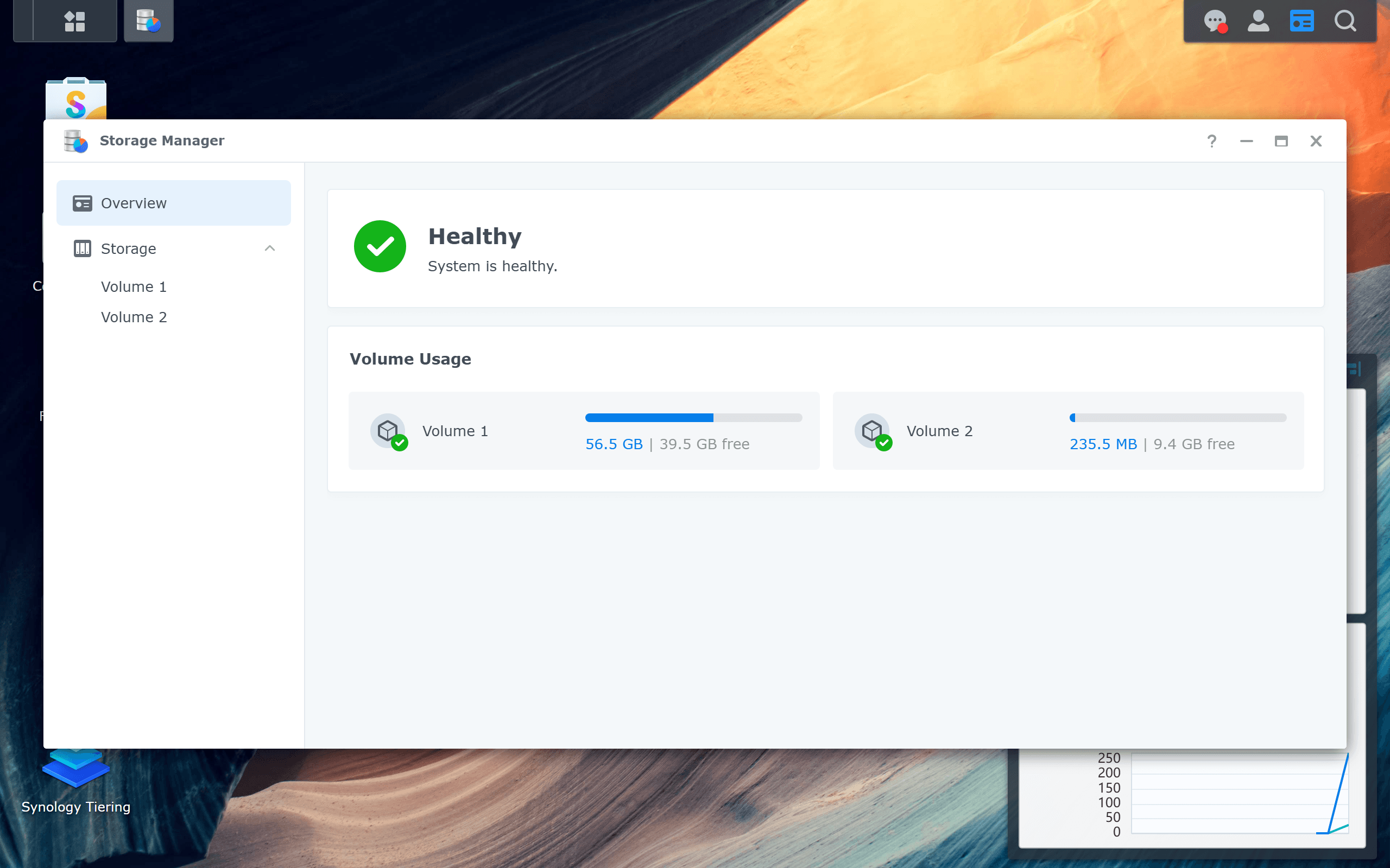 Synology DSM 7.3 Storage Manager Overview showing two healthy volumes with their current usage — context for planning snapshot retention against available free space.