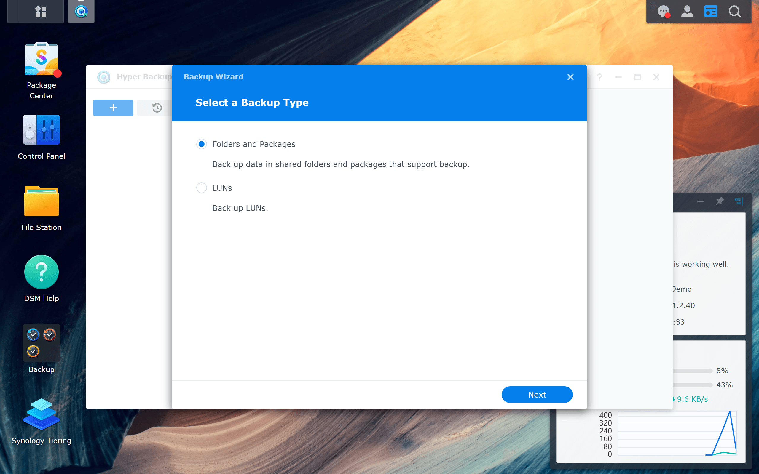Synology DSM 7.3 Hyper Backup Wizard first step — Select a Backup Type, with Folders and Packages selected (the right choice for home data) and LUNs as an alternative for iSCSI volumes.
