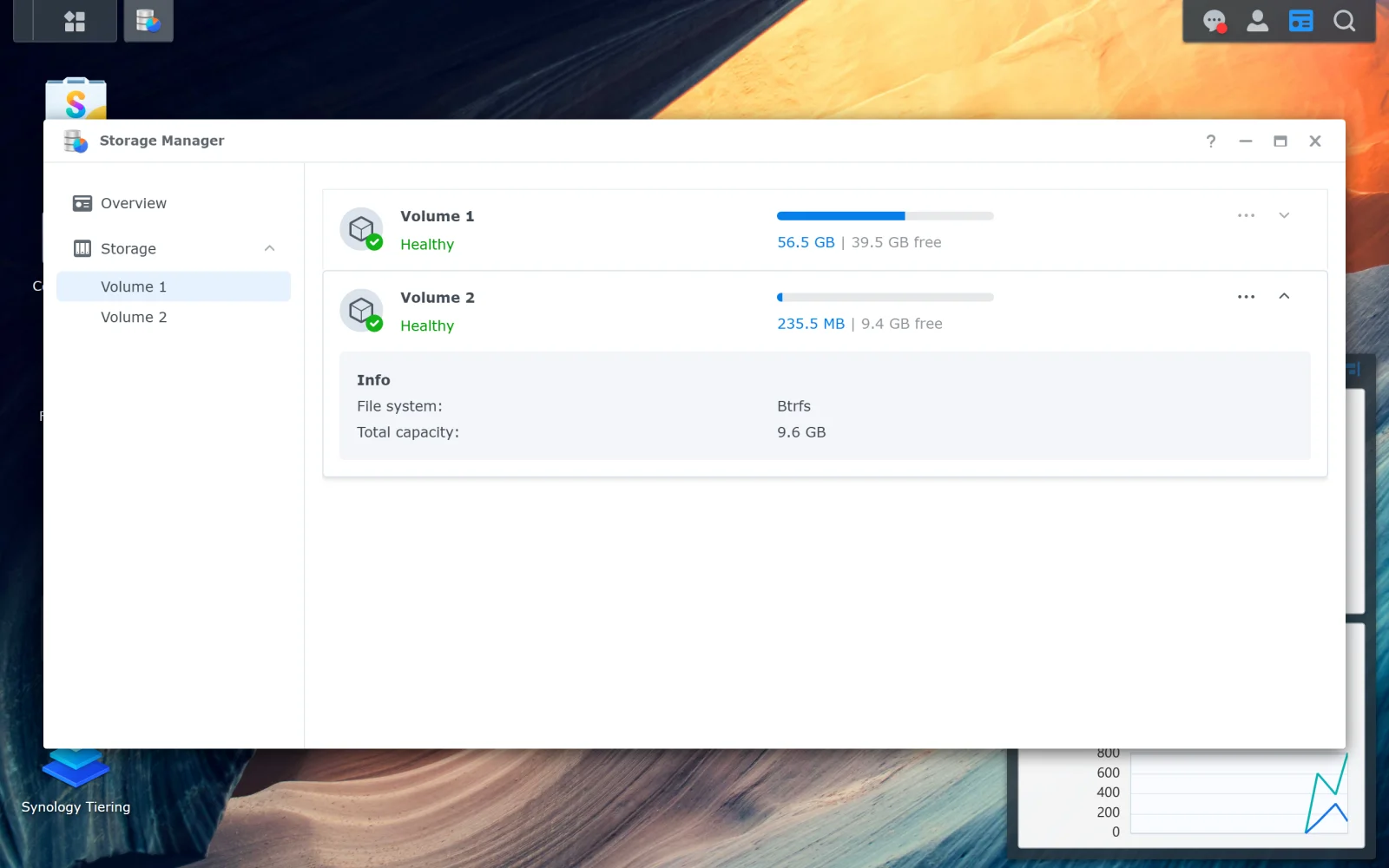 Synology DSM 7.3 Storage Manager > Volume 2 detail showing File system: Btrfs and Total capacity: 9.6 GB. Btrfs is the file system that enables per-shared-folder snapshots in Snapshot Replication.