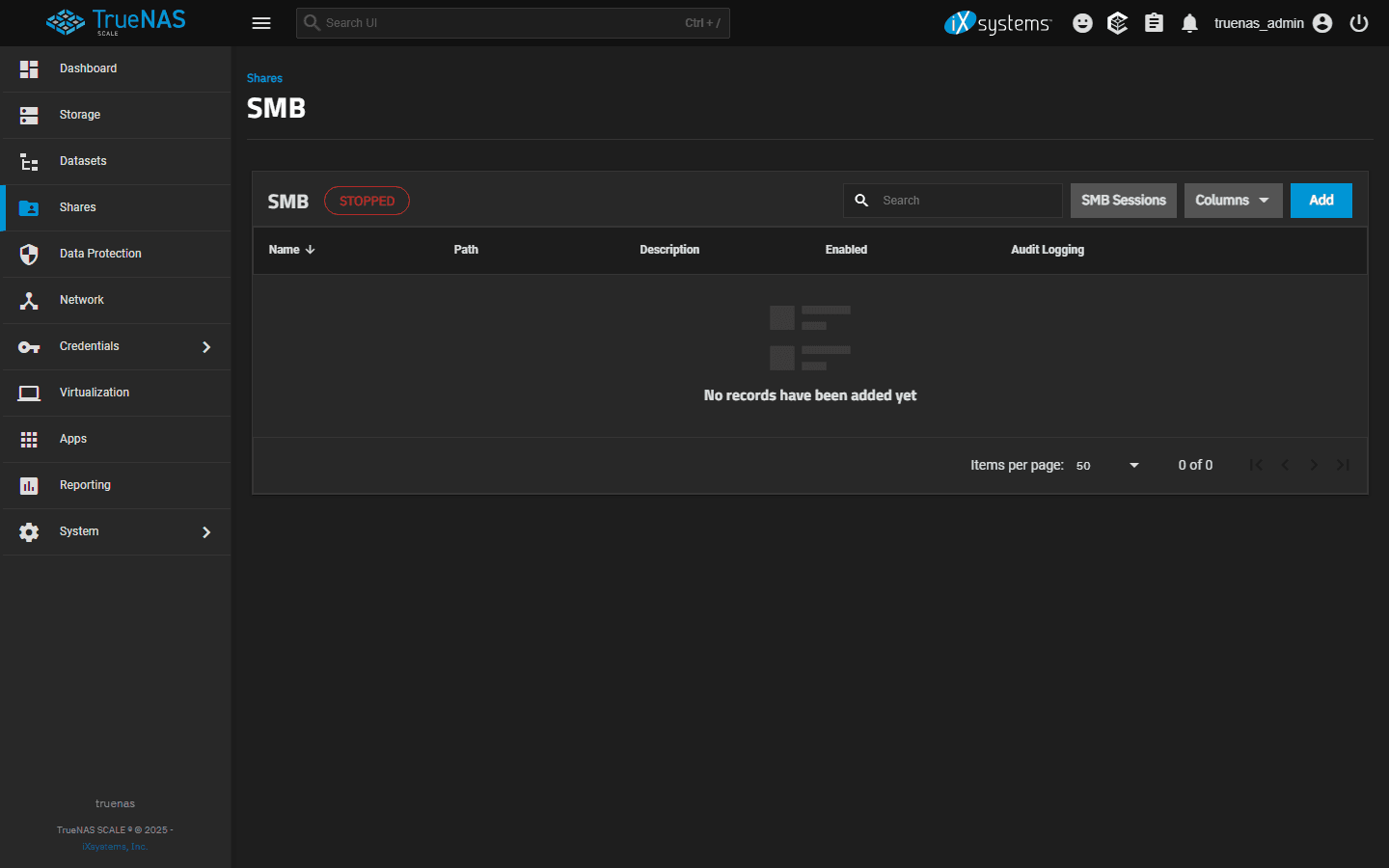 TrueNAS Scale Sharing > SMB page showing the share list (empty by default), the SMB service Status badge (STOPPED here), the SMB Sessions and Add buttons. Adding a Windows share starts from here.