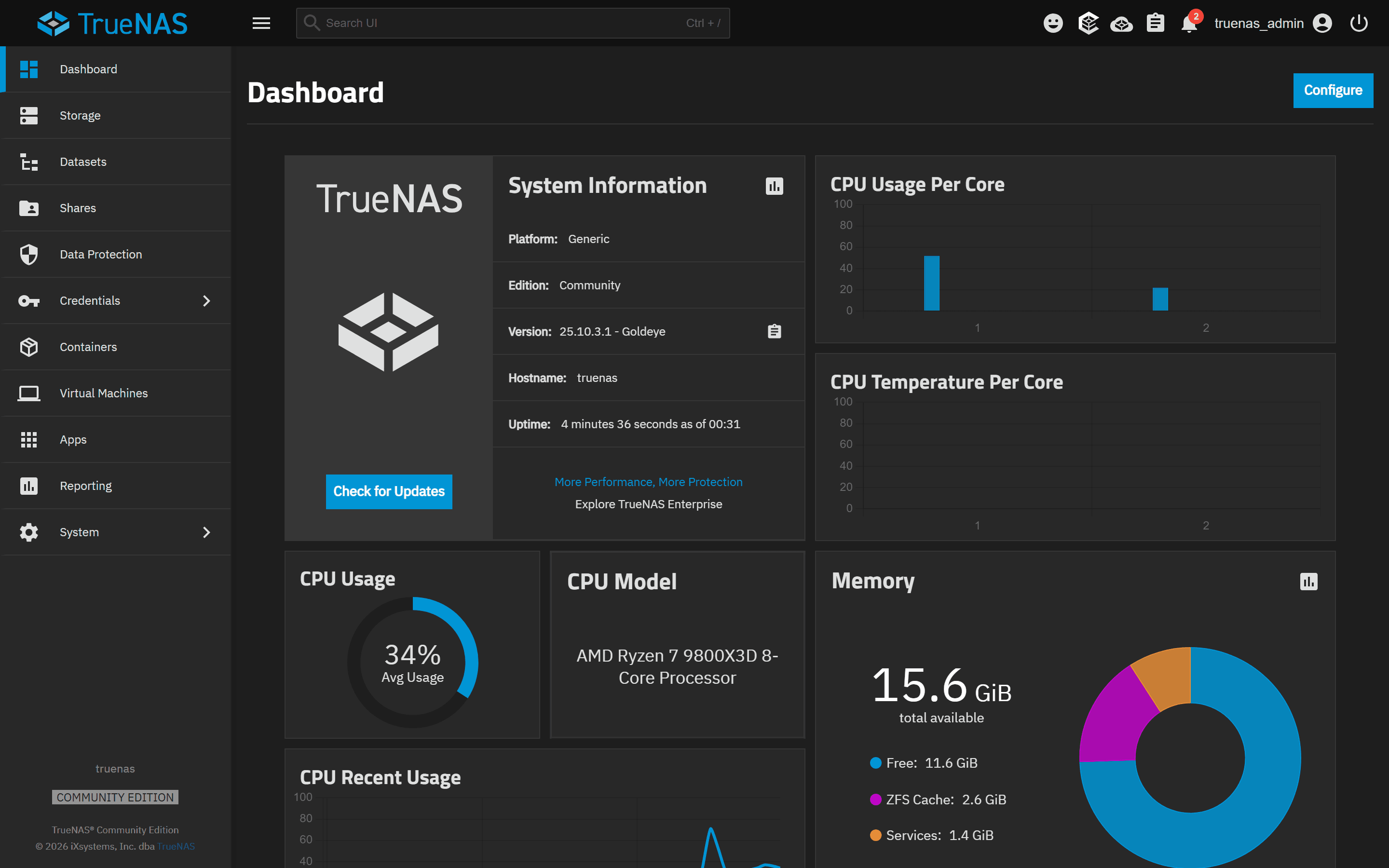 TrueNAS 25.10.3.1 Goldeye dashboard captured after upgrade. System Information panel shows Edition: Community, Version: 25.10.3.1 - Goldeye, Hostname: truenas, Uptime: 4 minutes 41 seconds (just rebooted from upgrade). The left sidebar now has TWO separate menu items: 'Containers' and 'Virtual Machines' (replacing the single Virtualization item from 24.10). CPU Model now visible: AMD Ryzen 7 9800X3D 8-Core Processor. Memory: 15.6 GiB. COMMUNITY EDITION badge bottom-left. Footer reads TrueNAS Community Edition © 2026 iXsystems, Inc. dba TrueNAS.