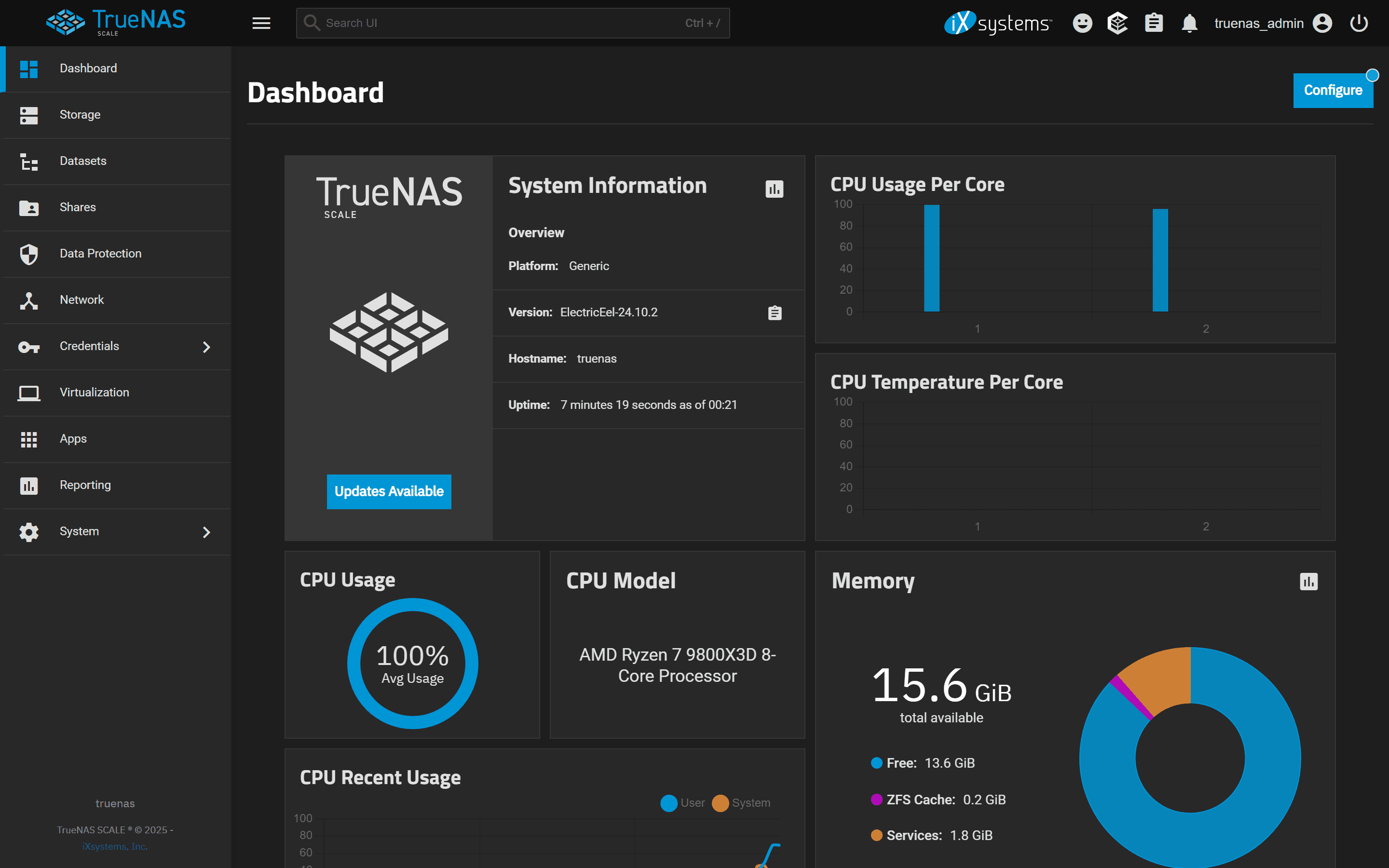 TrueNAS SCALE 24.10.2 ElectricEel dashboard captured pre-upgrade. System Information panel shows Platform: Generic, Version: ElectricEel-24.10.2, Hostname: truenas, Uptime: 7 minutes 19 seconds. The left sidebar has a SINGLE Virtualization item (libvirt-era) between Credentials and Apps. Memory panel shows 15.6 GiB total. Footer reads TrueNAS SCALE ® © 2025.