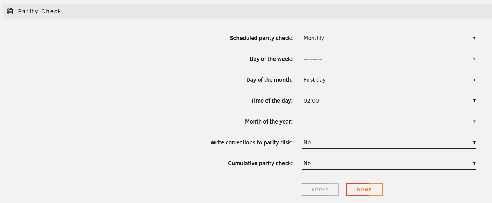 Unraid Settings > Scheduler showing Parity Check frequency, time, and write-corrections-to-parity option.