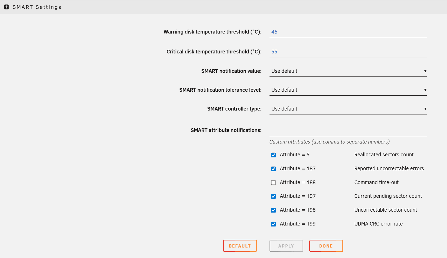 Unraid Main > disk > SMART attributes table showing reallocated sectors, current pending sectors, UDMA CRC errors, and other key SMART counters.
