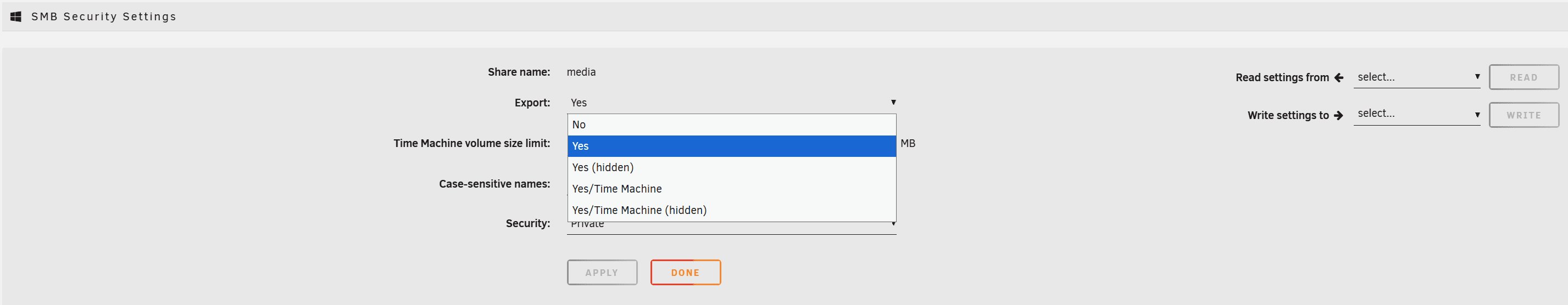 Unraid Shares > share > SMB Security Settings section showing Export and Security mode dropdowns.