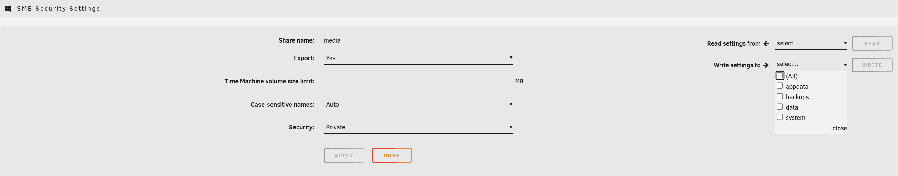 Unraid Shares > share > SMB user access section showing read/write user assignment.