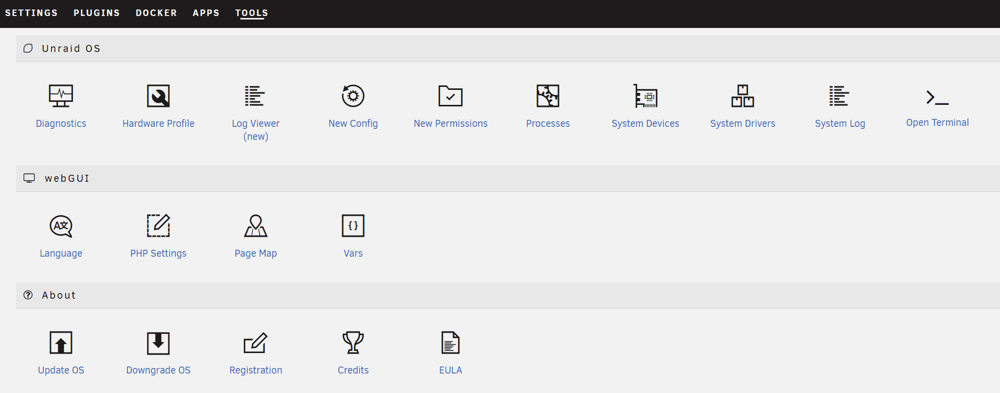 Unraid Tools menu showing Diagnostics, System Log, Parity History, and Parity Check options.