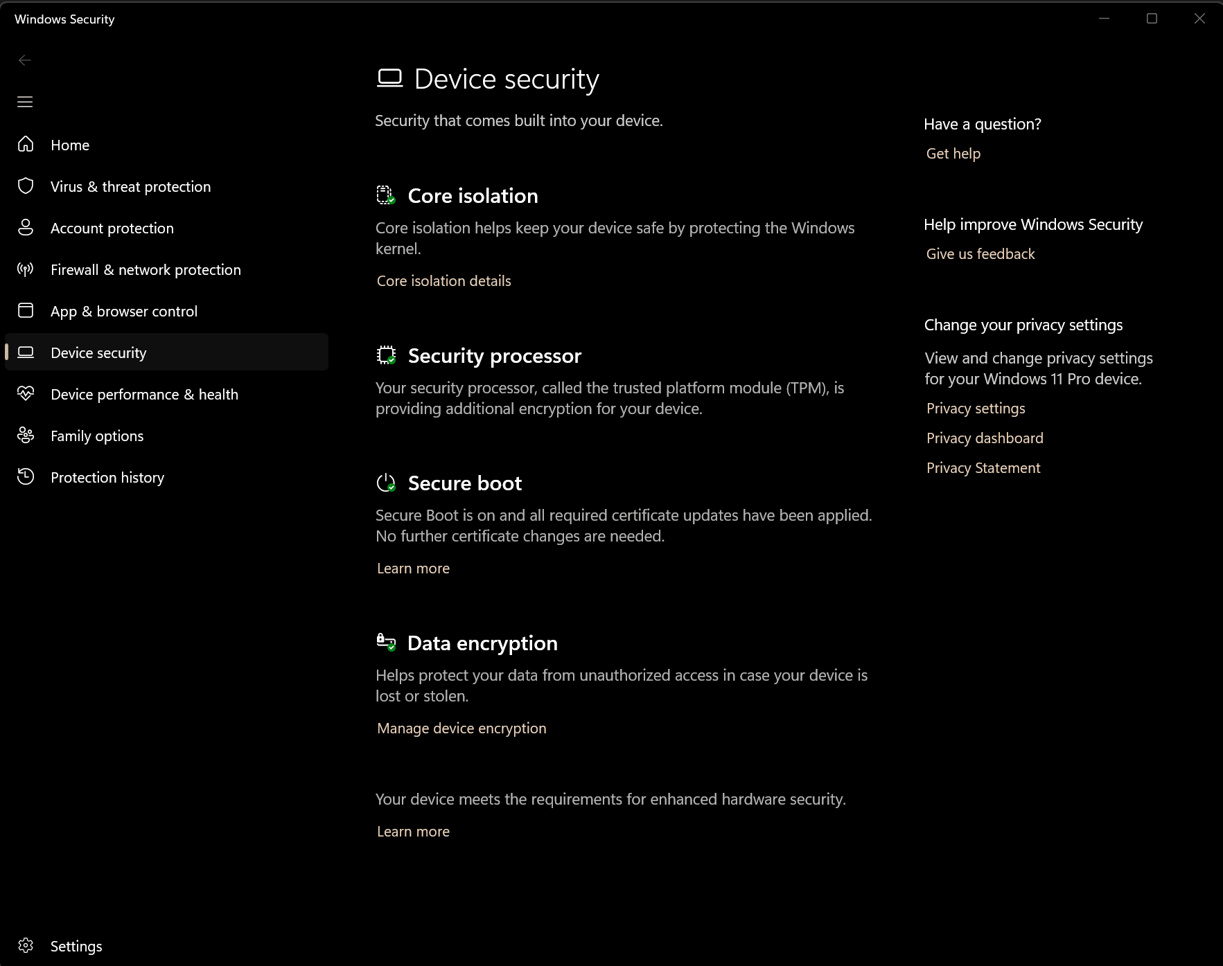 Windows Security Device security page showing Core isolation, the Security processor (TPM) providing additional encryption, Secure boot enabled with all certificate updates applied, and Data encryption.