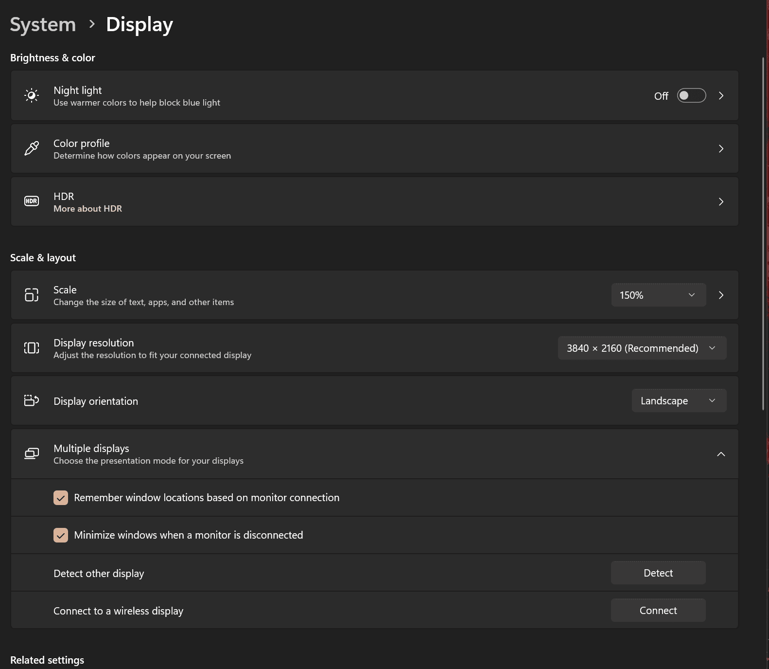 Windows 11 Settings System Display page showing Scale 150%, Display resolution 3840x2160, and the expanded Multiple displays section with the Detect button used to re-scan for a connected display.