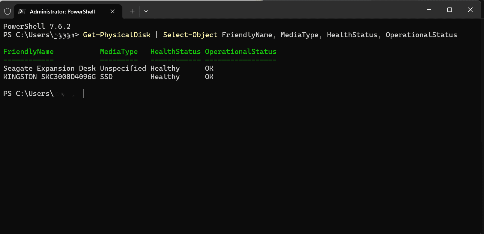 An elevated PowerShell window running Get-PhysicalDisk and showing each drive's FriendlyName, MediaType, HealthStatus (Healthy), and OperationalStatus (OK).