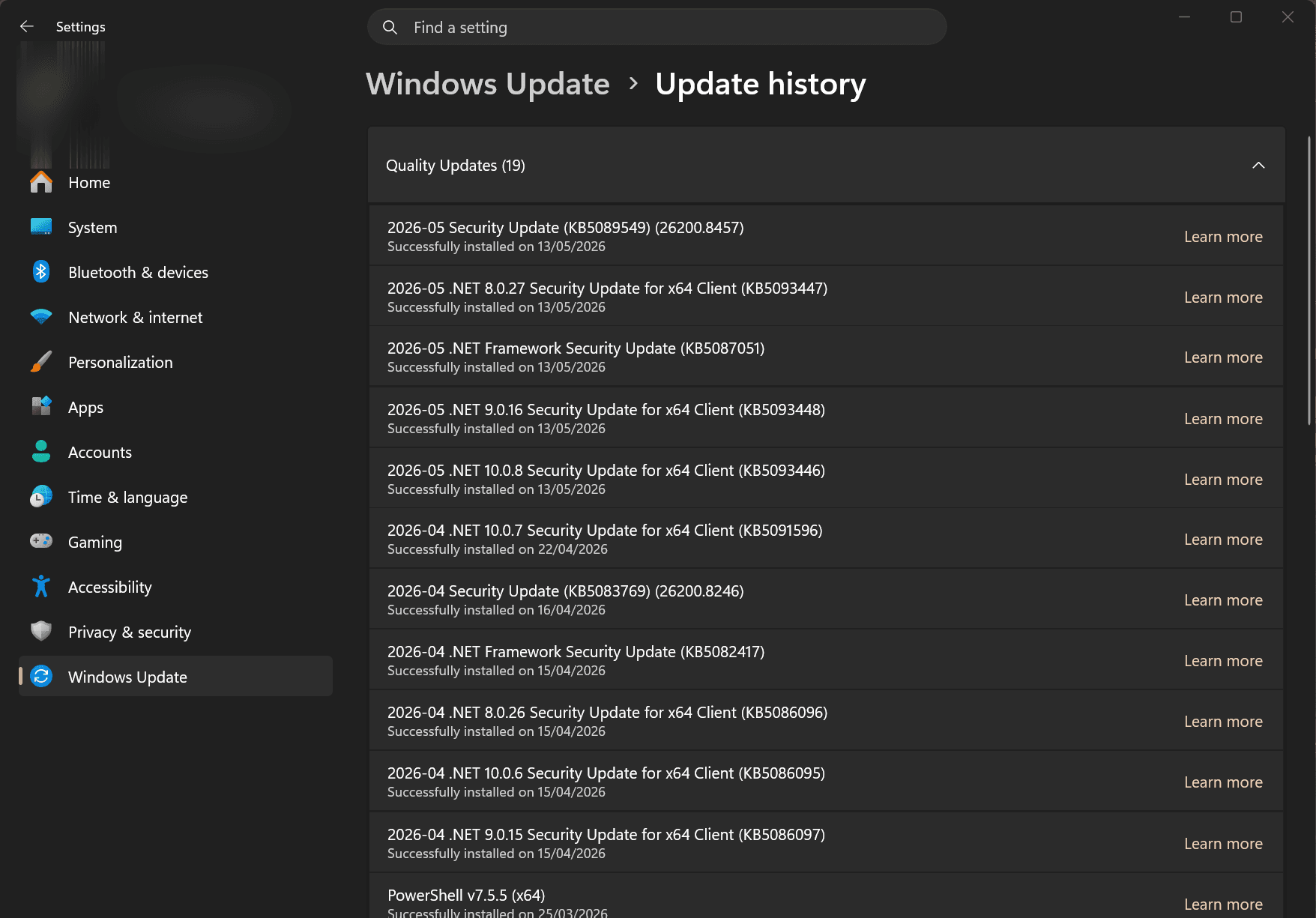 The Windows Update history page listing recently installed quality updates and .NET security updates by KB number and install date, with the Uninstall updates entry.