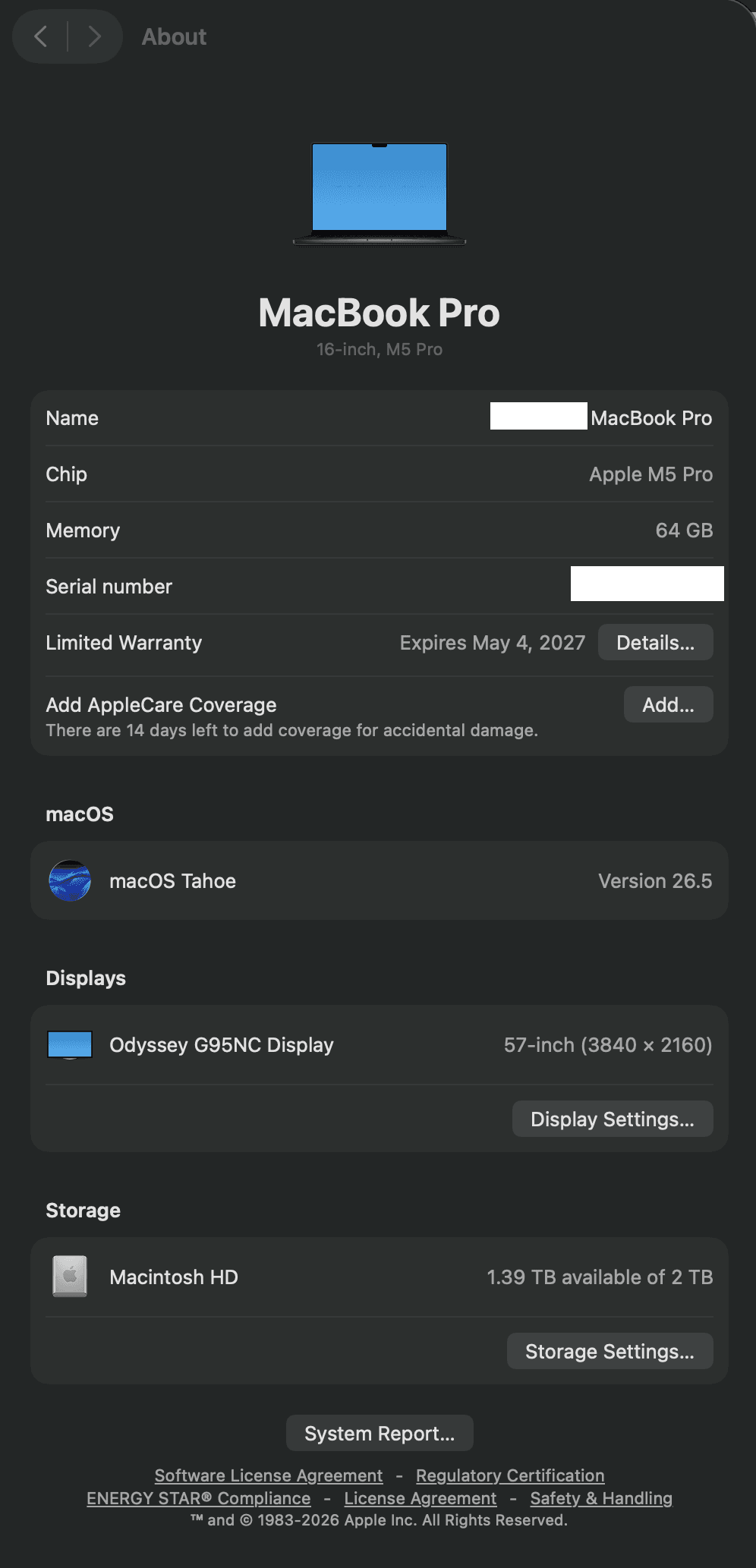 The macOS About This Mac panel on a 16-inch MacBook Pro showing the Chip as Apple M5 Pro with 64 GB of memory and macOS Tahoe version 26.5. The Name and Serial number are blanked out.