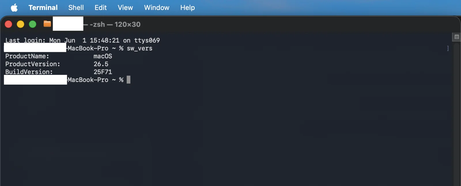 Terminal running sw_vers, showing ProductName macOS, ProductVersion 26.5, and BuildVersion 26F71. The hostname is blanked out.