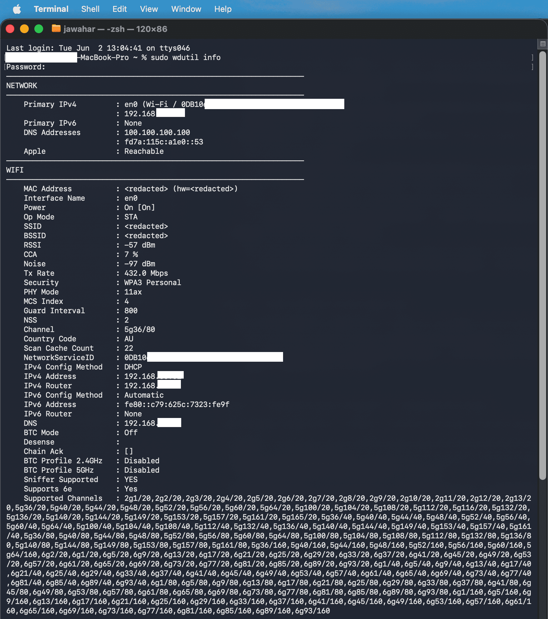 Terminal running sudo wdutil info, showing the WIFI section with RSSI minus 57 dBm, Noise minus 97 dBm, Tx Rate 432 Mbps, Security WPA3 Personal, PHY Mode 11ax, and Channel 5g36/80. SSID, BSSID, MAC address, and IP addresses are redacted.