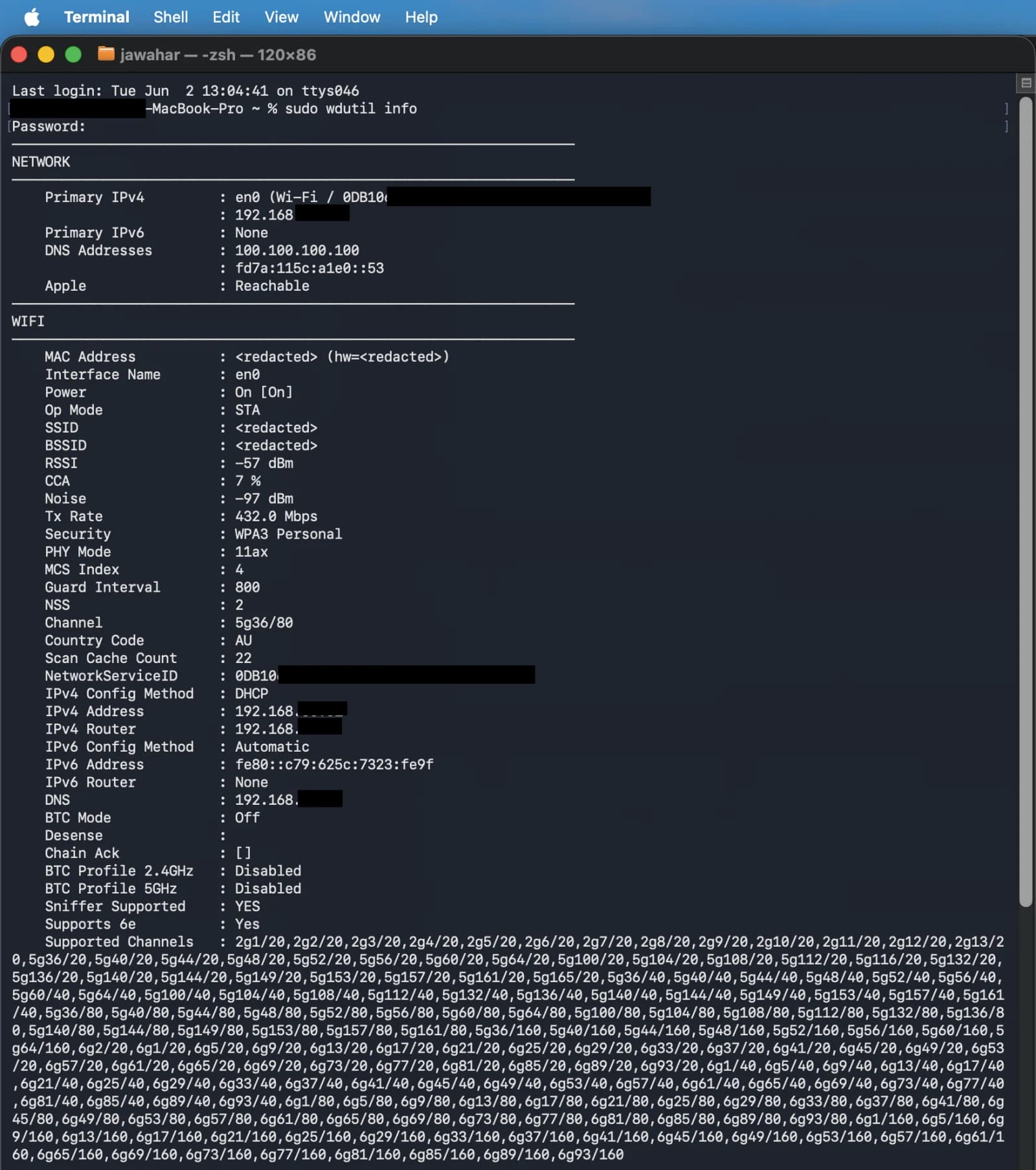Terminal running sudo wdutil info, showing the WIFI section with RSSI minus 57 dBm, Noise minus 97 dBm, Tx Rate 432 Mbps, Security WPA3 Personal, PHY Mode 11ax, and Channel 5g36/80. SSID, BSSID, MAC address, and IP addresses are redacted.
