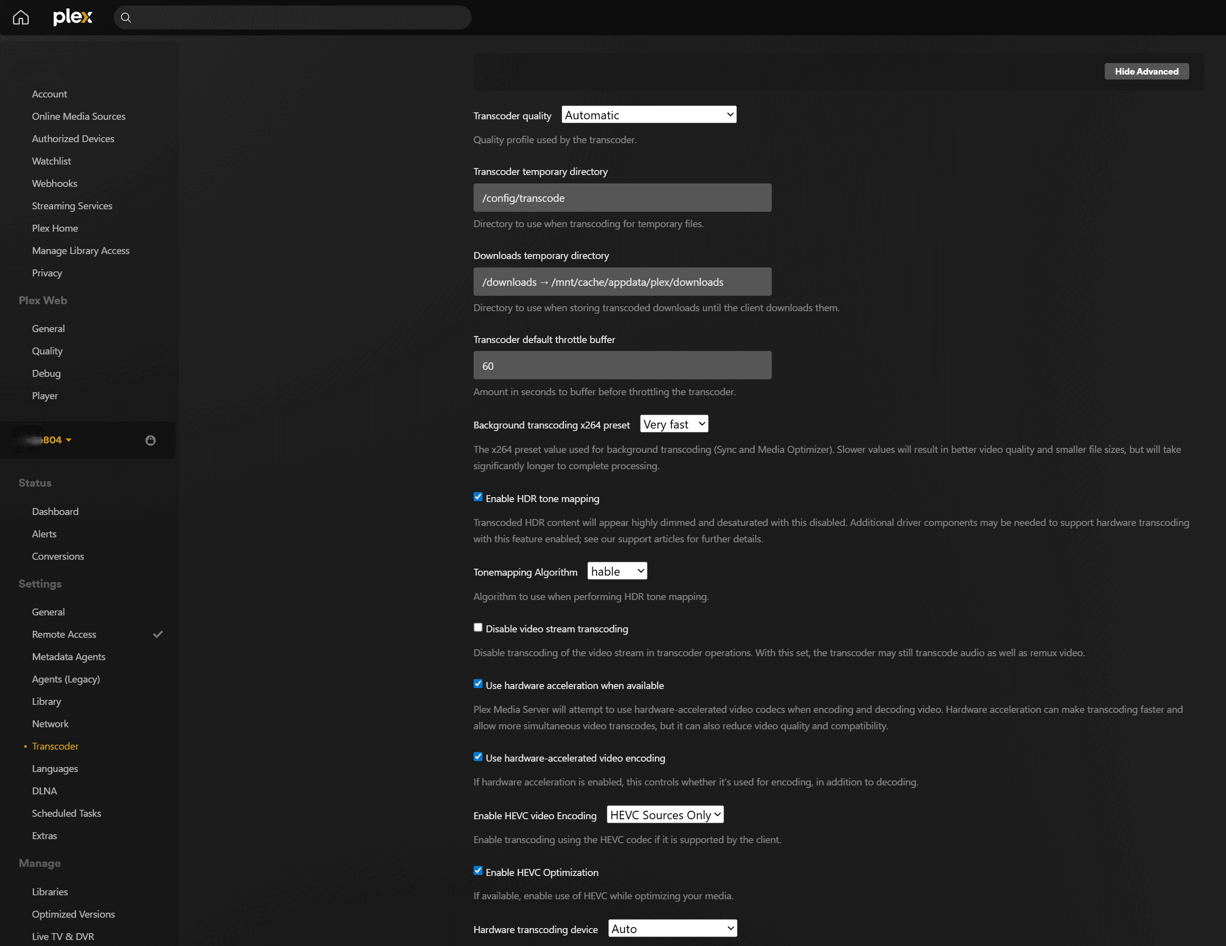 Plex Web admin Settings → Transcoder pane with both 'Use hardware acceleration when available' and 'Use hardware-accelerated video encoding' checkboxes ticked. 'Enable HDR tone mapping' is on with Tonemapping Algorithm set to hable. 'Enable HEVC video transcoding' is set to 'HEVC Sources Only'. 'Hardware transcoding device' is set to Auto.