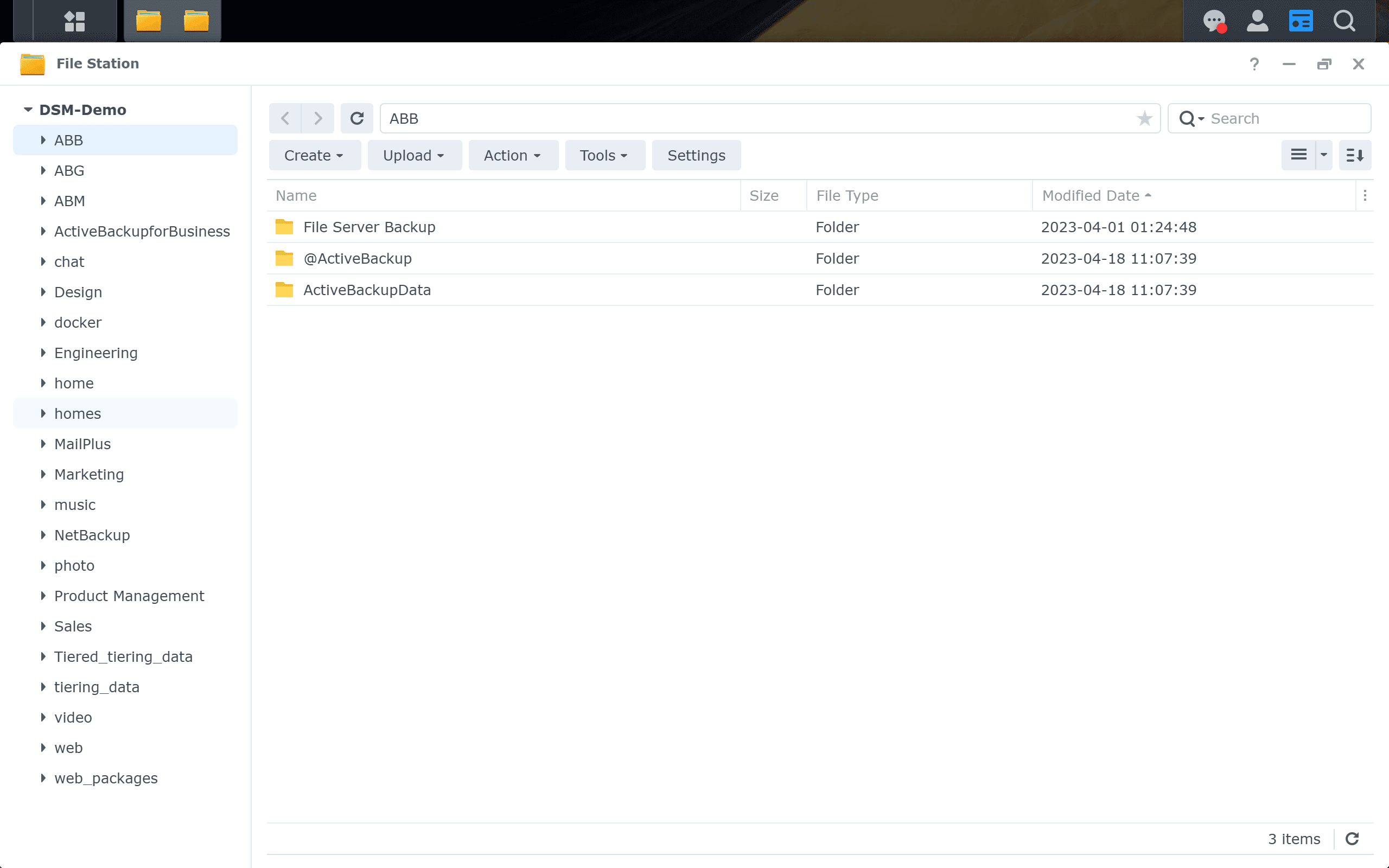 Synology DSM 7.3 File Station showing the shared folders sidebar — ABB, ABG, ABM, ActiveBackupforBusiness, chat, Design, docker, Engineering, home, homes, MailPlus, Marketing, music, NetBackup, photo, Product Management, Sales, Tiered_tiering_data, tiering_data, video, web — and the ABB folder open showing File Server Backup, @ActiveBackup, and ActiveBackupData subfolders.
