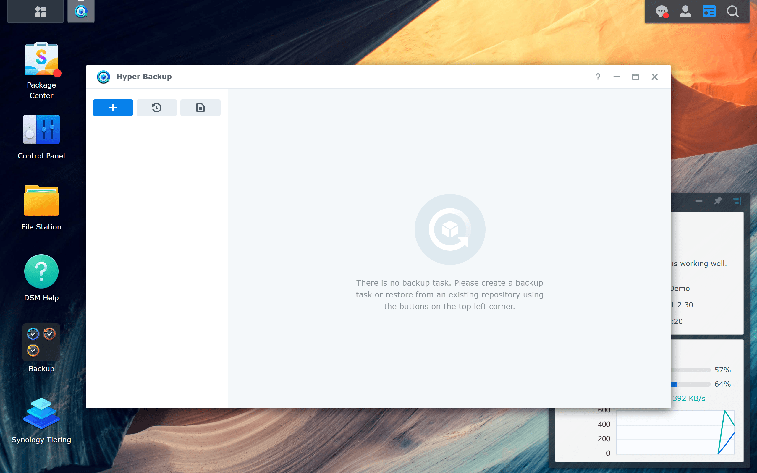 Synology DSM 7.3 Hyper Backup window with the toolbar — backup task list on the left, action icons (Backup, History, Settings) along the top, and the empty-state guidance for a brand-new install.