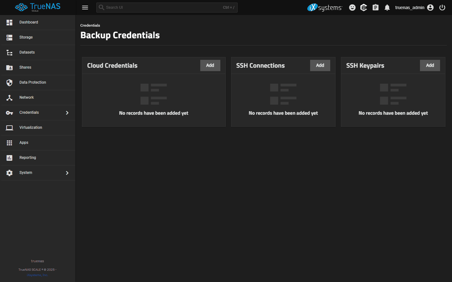 TrueNAS Scale Credentials > Backup Credentials page, where cloud destination credentials (S3, Backblaze B2, Google Cloud, etc.) and SSH connections to remote ZFS hosts are configured before Cloud Sync or Replication Tasks can use them.