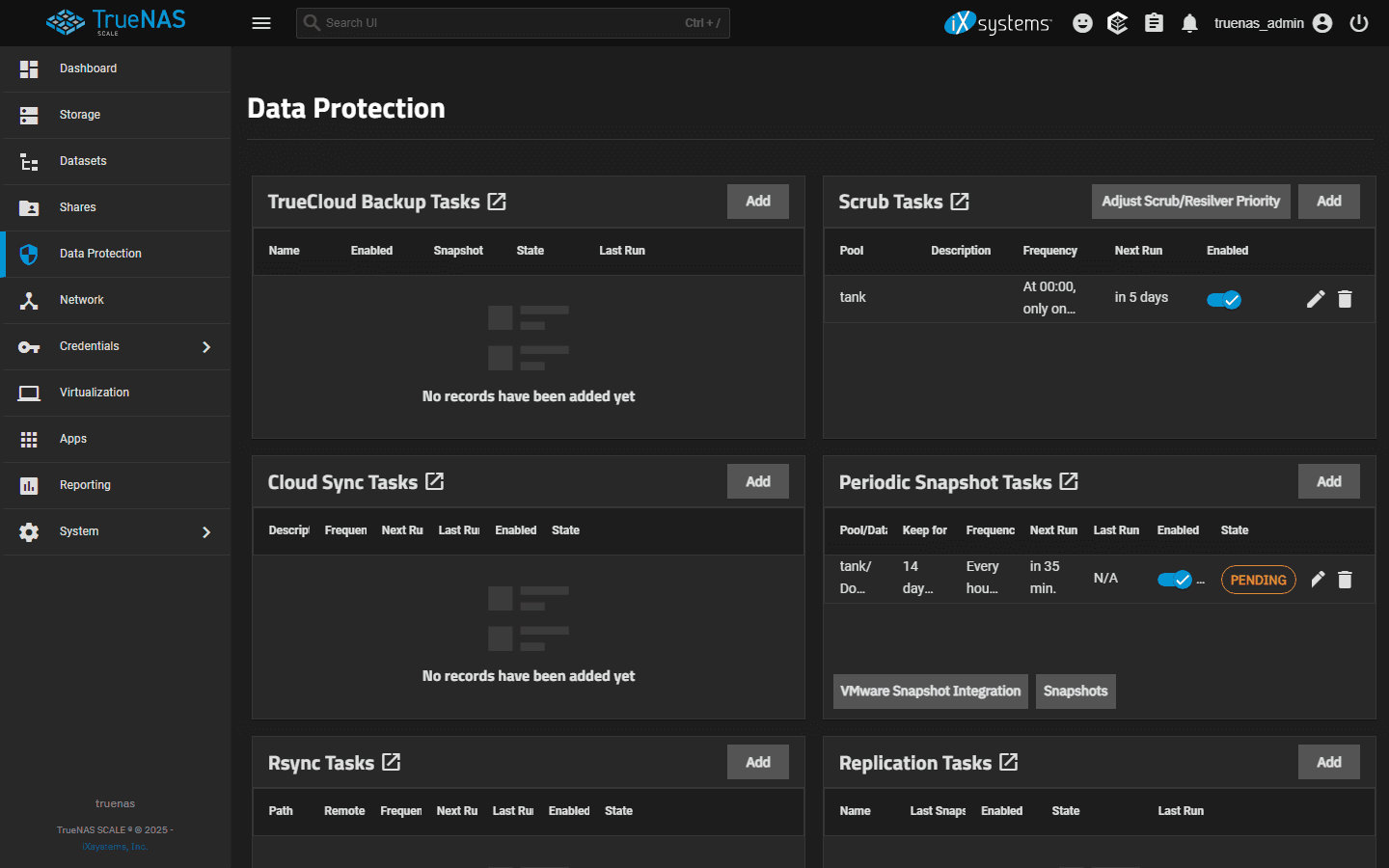 TrueNAS Scale Data Protection page showing the six task categories: TrueCloud Backup Tasks, Scrub Tasks, Cloud Sync Tasks, Periodic Snapshot Tasks, Rsync Tasks, and Replication Tasks. A scrub task is scheduled on the tank pool; a periodic snapshot task is pending on tank/Documents.