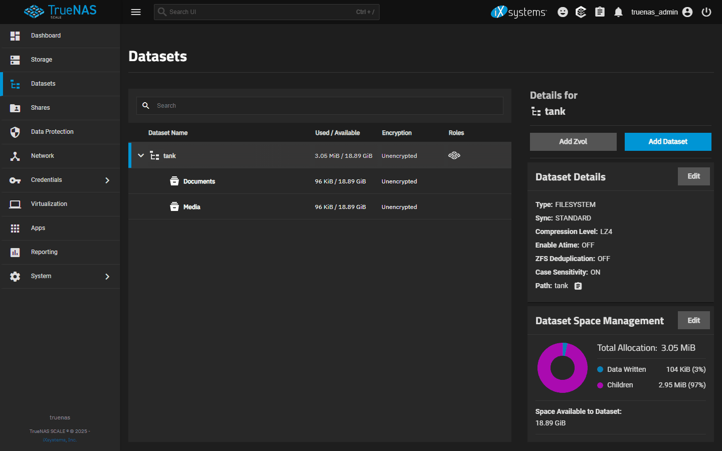 TrueNAS Scale Datasets page showing the tank pool with two child datasets (Documents and Media). Tank pool details: 3.05 MiB used / 18.89 GiB available, unencrypted, FILESYSTEM type, LZ4 compression. Documents and Media show 96 KiB each.