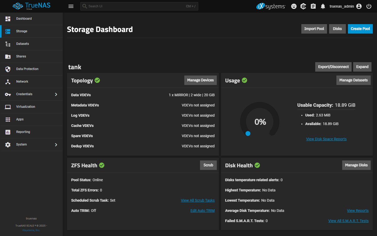 TrueNAS Scale Storage Dashboard showing pool 'tank' with a 1x MIRROR data vdev (2 wide / 20 GiB), pool status Online, ZFS Health Online, total ZFS errors 0, and scheduled scrub task set. Usable capacity 18.89 GiB, used 2.63 MiB.