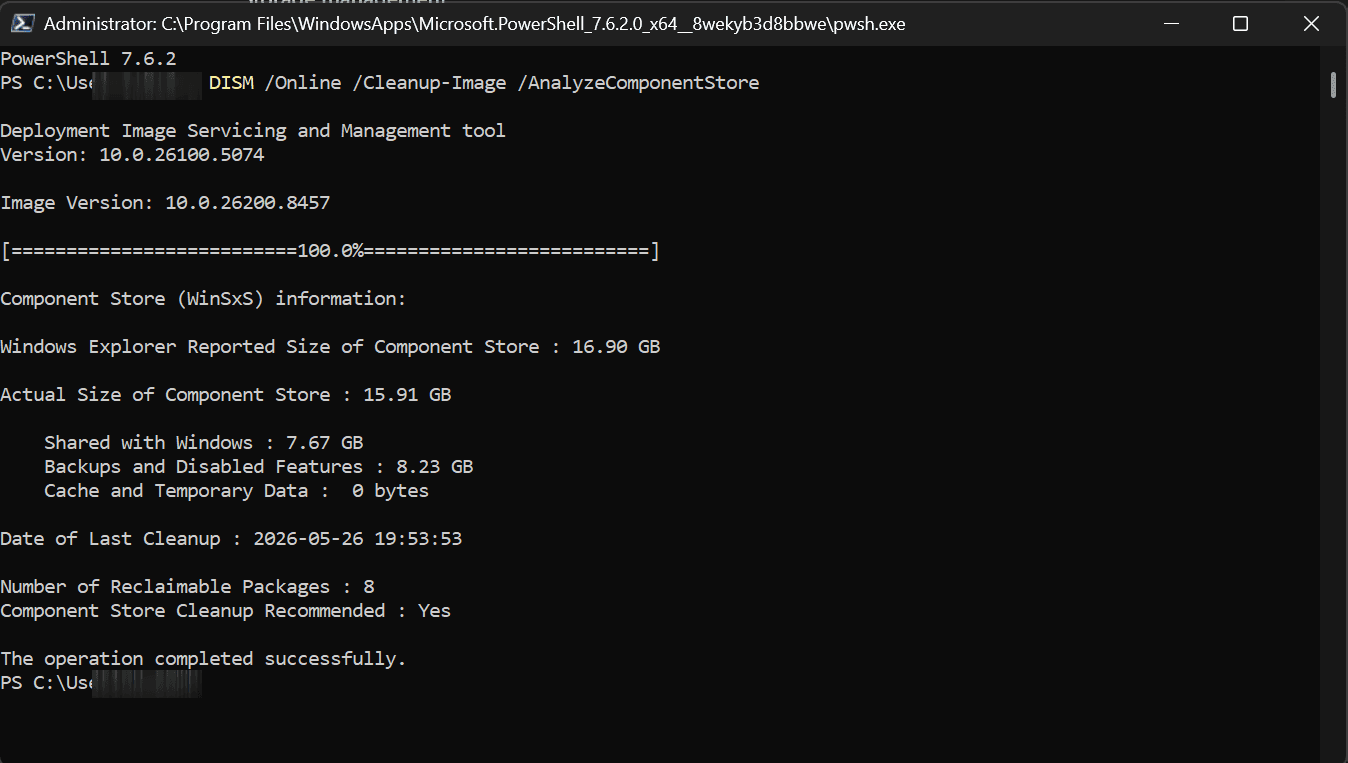 An elevated terminal running DISM /Online /Cleanup-Image /AnalyzeComponentStore, reporting the Windows Explorer reported size versus the actual size of the component store and Component Store Cleanup Recommended : Yes.