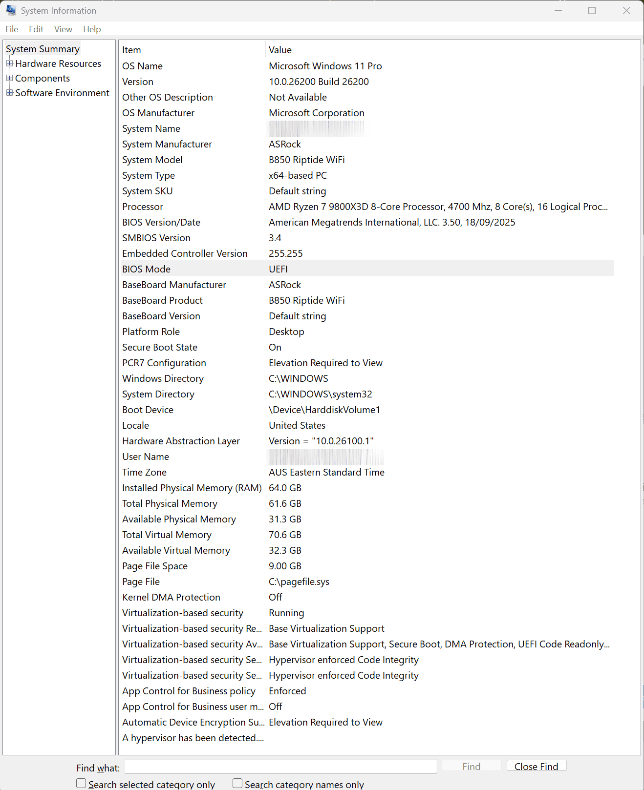 The System Information (msinfo32) System Summary showing BIOS Mode: UEFI and Secure Boot State: On, with the System Name and User Name values redacted.