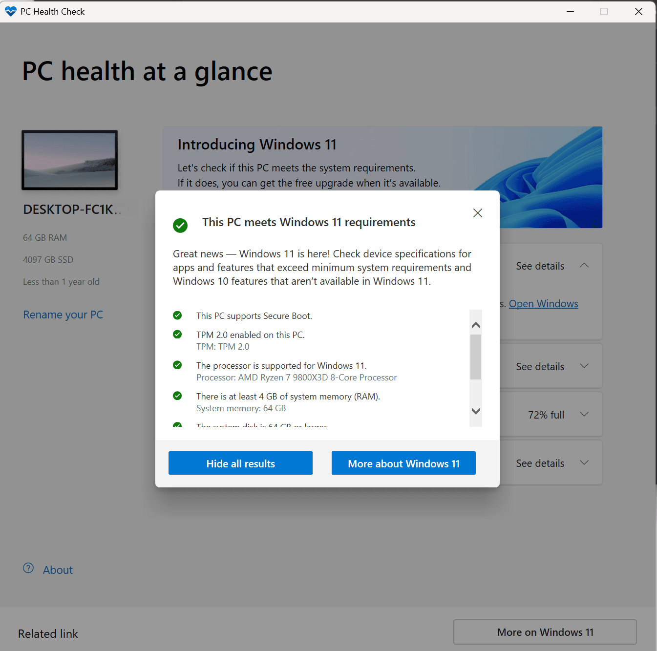 Microsoft PC Health Check showing 'This PC meets Windows 11 requirements' with the checklist of Secure Boot, TPM 2.0, a supported processor, RAM, and storage all passing.