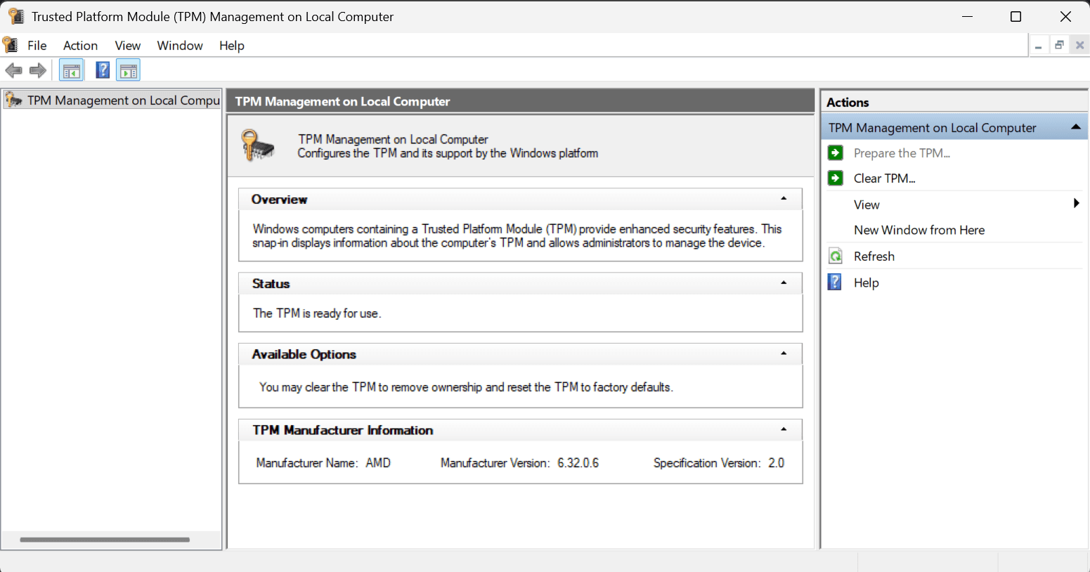 The TPM Management console (tpm.msc) showing 'The TPM is ready for use' and TPM Manufacturer Information with Specification Version 2.0.