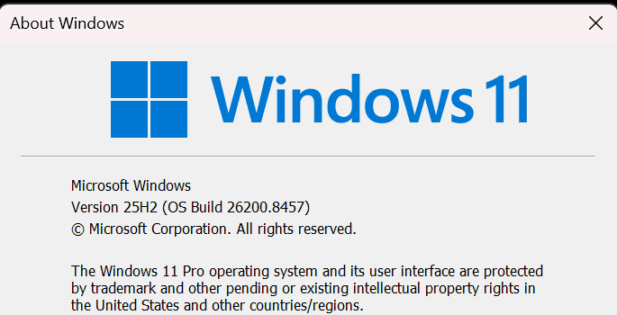 The About Windows (winver) dialog showing Microsoft Windows Version 25H2 (OS Build 26200.8457), used to find the exact build to match against the release-health known-issue list.
