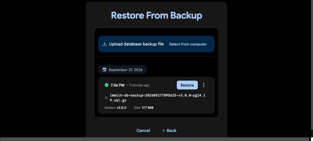 Immich 3.0.0 restore screen listing the rehearsal database backup and its Restore button